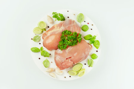 Raw fresh skinless chicken thigh meat with fresh herbs on a white background.Copy space.Food for retail.Ogranic food,healthy eating.Food concept.Top view.の写真素材