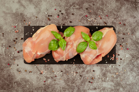 Skinless chicken meat.Ogranic food,healthy eating.Food concept.Top view.Food for retail.Fresh raw skinless chicken thigh meat with fresh herbs on a dark background.Copy space.の写真素材