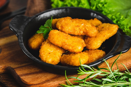 Semifinished Breaded chicken nuggets from chicken fillet on a dark background with fresh herbs.Fast food. Quick cooking at home. Breaded Chicken Inner Fillet. Fast cooking.Chicken nuggets with salad.の写真素材