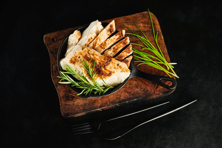 Fast food.Chicken fillets fried until half cooked,product.Quick cooking at home.Semi-finished chicken fillets,lightly fried,on a dark background with fresh herbs.Half-finished.Quick cooking at home.の写真素材