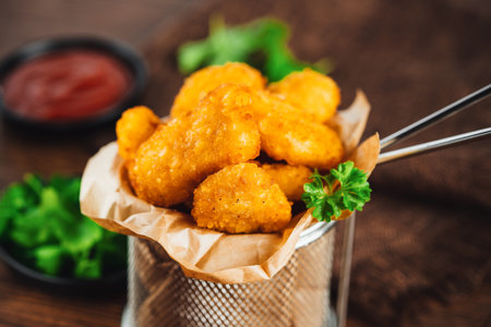 Semifinished Breaded chicken nuggets from chicken fillet on a dark background with fresh herbs.Fast food. Quick cooking at home. Breaded Chicken Inner Fillet. Fast cooking.Chicken nuggets with salad.の写真素材