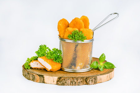 Chicken Breaded Fillet.Fast food. Breaded Chicken Inner Fillet on a White Background,Chicken Breaded Raw Meat. Fast cooking. Breaded chicken nuggets. Homemade food at home.の写真素材