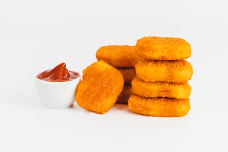 Breaded Chicken Inner Fillet on a White Background,Chicken Breaded Raw Meat.Chicken Breaded Fillet.Fast food. Fast cooking. Breaded chicken nuggets. Homemade food at home.の写真素材