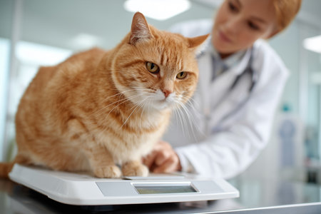 A veterinarian in a blue uniform examines and weighs an orange cat during a regular checkup, representing care and pet health.の素材