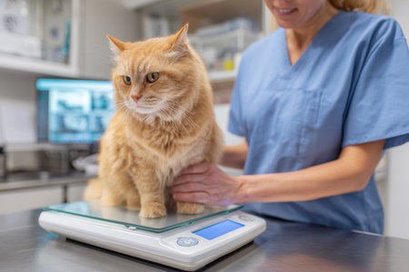An orange domestic cat sits on a digital veterinary scale as a vet checks its health, symbolizing trust, care, and animal wellness.の素材