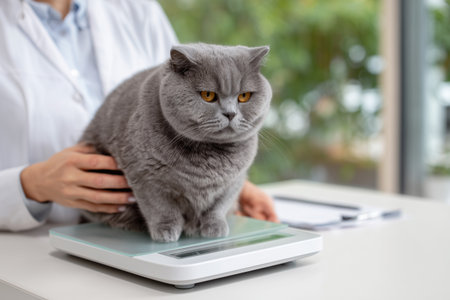 Veterinarian in uniform weighing a cat on a digital scale during health examination, symbolizing professional care and pet wellness.の素材