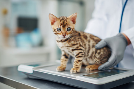 A veterinarian wearing blue gloves examines a Bengal kitten on a scale, representing animal wellness, professional care, and trust.の素材