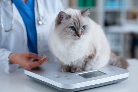 A white fluffy cat sits on a digital veterinary scale being checked by a vet, representing professional animal care and pet health.の素材