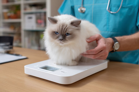 A fluffy white cat sits calmly on a digital veterinary scale during a routine checkup, symbolizing pet health and professional animal care.の素材
