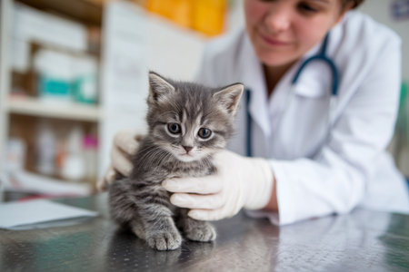 A veterinarian examines a small kitten during a routine health checkup, symbolizing pet care, animal health, and trust in veterinary service.の素材