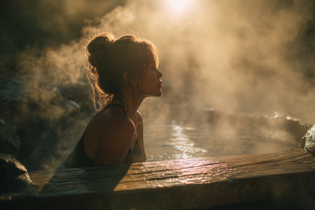 A woman enjoys quiet relaxation in a steaming hot spring, surrounded by mist and natural light symbol of calm, healing, and self-care.の素材