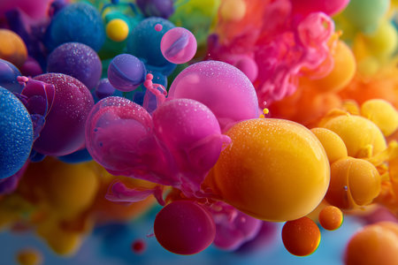 Colorful ink clouds of orange, purple, and blue blend dynamically in water, creating an abstract background full of energy and motion.の素材