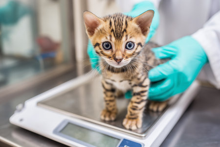 Bengal kitten on examination table in vet clinic. High quality phA Bengal kitten stands on the vets examination table during a routine check, symbolizing pet wellness and responsible animal care.の素材