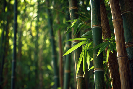 Beautiful bamboo forest illuminated by morning sunlight, creating a peaceful and natural tropical atmosphere.の素材