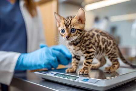 Animal wellness and medical checkup.Cute kitten checkup in modern vet office. A small Bengal kitten is weighed on a modern digital scale by a veterinarian during a checkup, symbolizing care and pet wellness.の素材