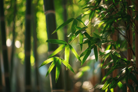 Close-up of bamboo stalks in sunlight.Close-up of bamboo stalks and leaves illuminated by sunlight, symbolizing freshness and natural growth.の素材