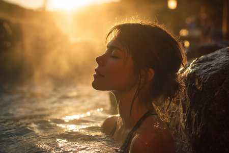 A woman enjoys quiet relaxation in a steaming hot spring, surrounded by mist and natural light symbol of calm, healing, and self-care.の素材