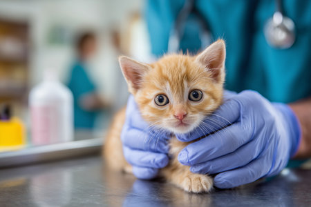 A small kitten sits on the examination table while a veterinarian checks its health, symbolizing pet care, trust, and veterinary service.の素材