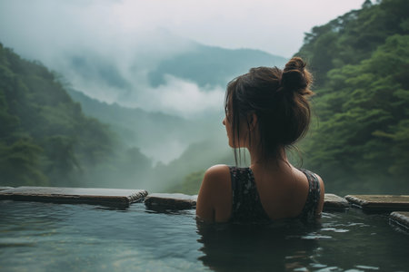 A Japanese woman sits quietly in an outdoor hot spring, surrounded by beautiful mountain scenery, representing relaxation and serenity.の素材