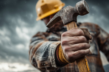 Construction worker in protective uniform holding hammer at building site representing strength, safety, and industrial work ethic.の素材