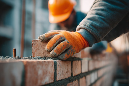 Close up view of mans hands placing brick with mortar during construction showing manual labor and precision.の素材