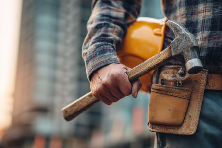 Worker in protective uniform holding hammer at an industrial site, showing dedication, strength, and construction professionalism.の素材