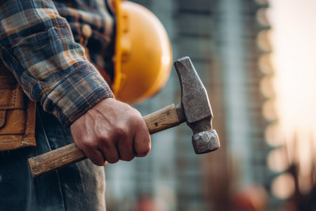 A builder in plaid shirt and protective gear holding a hammer, representing construction industry, strength, and professionalism.の素材