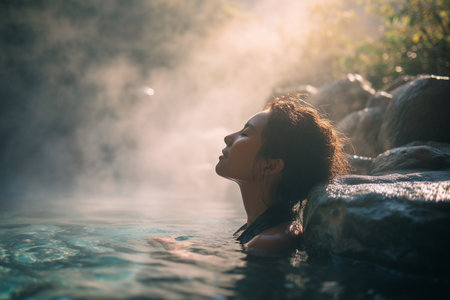 A woman relaxes in a natural outdoor hot spring surrounded by greenery and steam, symbolizing peace, connection with nature, and wellness.の素材