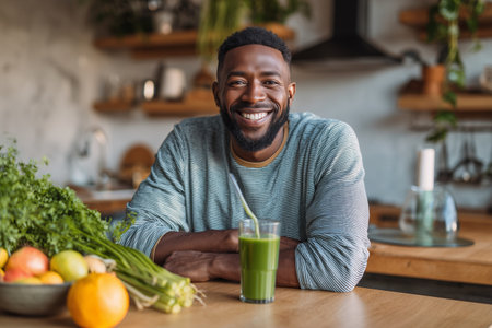Cheerful man sitting at home kitchen table drinking green smoothie surrounded by fruits. Healthy lifestyle concept and positive energy.の素材