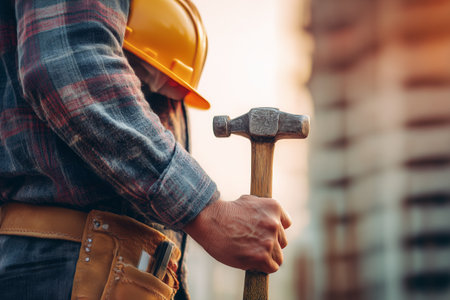Construction worker in protective uniform holding hammer at building site representing strength, safety, and industrial work ethic.の素材