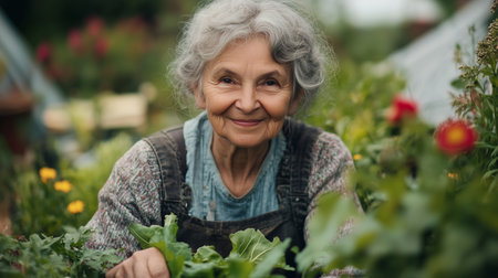 Smiling elderly woman works with plants in a home garden. Positive senior lifestyle and outdoor activity.の素材