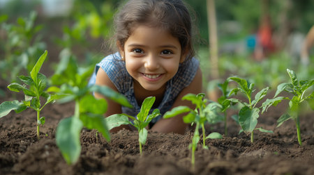 A cheerful little girl plants seedlings in a sunlit garden, smiling as she learns gardening basics surrounded by green plants and fertile soil.の素材