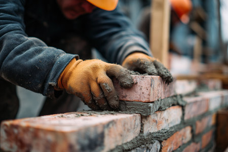Construction worker in protective uniform holding a hammer at industrial site symbol of safety, labor, and industry.の素材