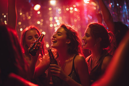 Happy women enjoying music and fun night.Group of cheerful women dancing and celebrating in a lively nightclub atmosphere filled with colorful lights and joy.の素材