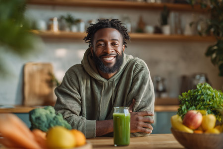 Cheerful man sitting at home kitchen table drinking green smoothie surrounded by fruits. Healthy lifestyle concept and positive energy.の素材