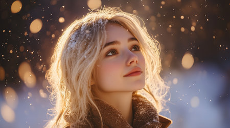 A blonde woman stands outdoors, looking up with a serene expression in golden winter light.の素材