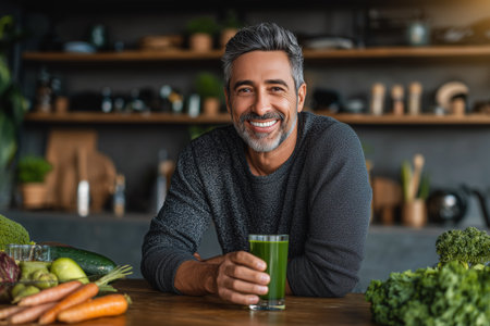 Young man in casual clothes sitting at kitchen table and smiling while holding a glass of green smoothie. Concept of wellness and positive morning routine.の素材
