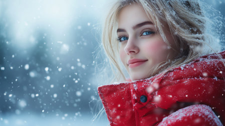 A woman stands in fresh snowfall, gazing upward with joy and calmness.の素材