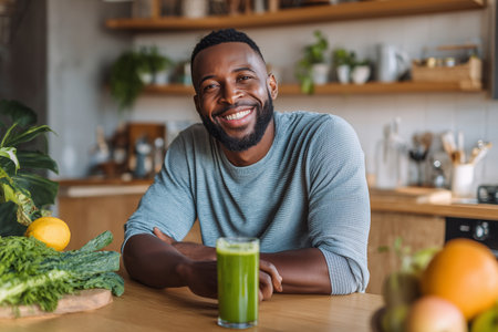 Modern man smiling at home kitchen with smoothie and fruits. Represents energy, health, and wellness living.の素材