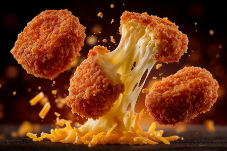 Crispy fried chicken nuggets filled with melted cheese and photographed close up under warm light. Perfect for advertising food delivery and snack brands.の素材