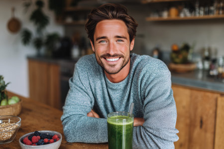 Portrait of smiling man drinking green smoothie in soft daylight. Represents wellness, balance, and daily health habits.の素材