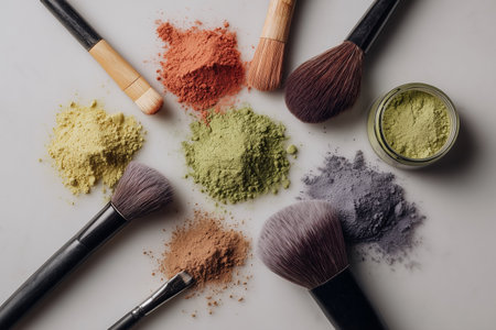 Makeup brushes and colorful powders arranged in a creative flat lay, representing beauty, cosmetics, and artistic expression.の素材