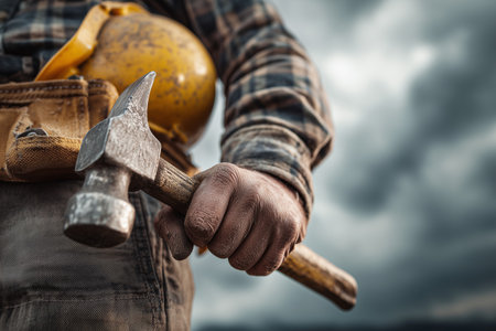 Construction worker in protective uniform holding hammer at building site representing strength, safety, and industrial work ethic.の素材