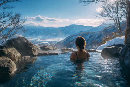 A Japanese woman relaxes in an outdoor hot spring surrounded by snowy mountains, representing peace, balance, and harmony.の素材