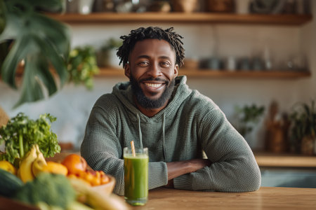 Happy man sitting at wooden table with healthy smoothie in bright interior. Perfect lifestyle and wellness imagery.の素材