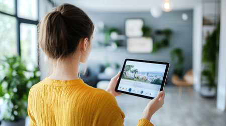 Close view of a woman holding a tablet with a smart home control panel. Realistic home automation scene in natural light.の素材