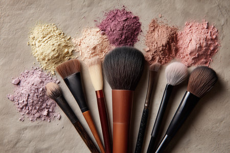 Professional makeup brushes and compact powder arranged in a flat lay composition clean and elegant cosmetics concept.の素材