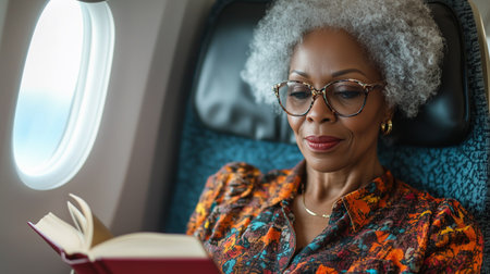 A cheerful elderly woman smiles as she reads her book during a flight, enjoying peace and comfort.の素材