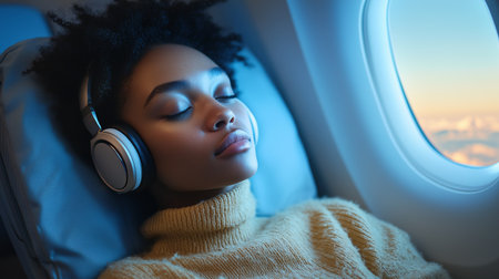 Calm female traveler sitting by airplane window wearing wireless headphones, enjoying music and soft light of sunset.の素材