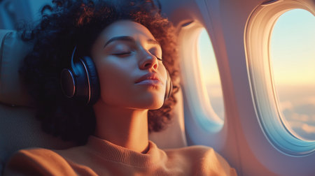 Calm female traveler sitting by airplane window wearing wireless headphones, enjoying music and soft light of sunset.の素材